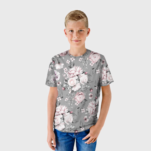 Детская футболка 3D с принтом Розовые белые розы, фото на моделе #1