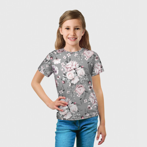 Детская футболка 3D с принтом Розовые белые розы, вид сбоку #3