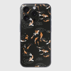 Чехол для iPhone 15 Pro силиконовый с защитой камеры Карпы кои на черном