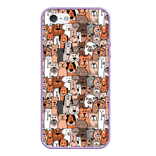 Чехол для iPhone 5/5S матовый Коты и собаки, цвет светло-сиреневый