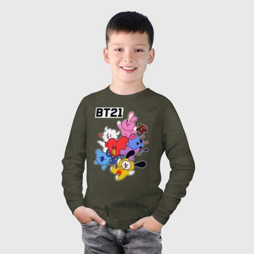 Детский лонгслив хлопок BT21 Mascots, цвет меланж-хаки - фото 3