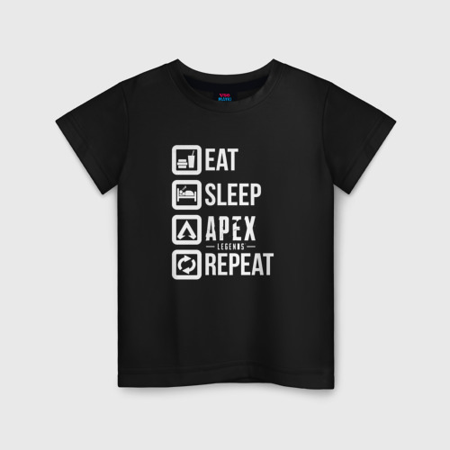 Детская футболка хлопок EAT - sleep - Apex - repeat, цвет черный