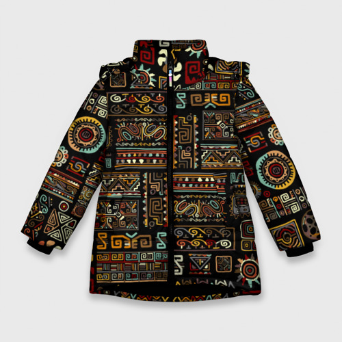 Зимняя куртка для девочек с принтом Этнический орнамент, вид спереди №1
