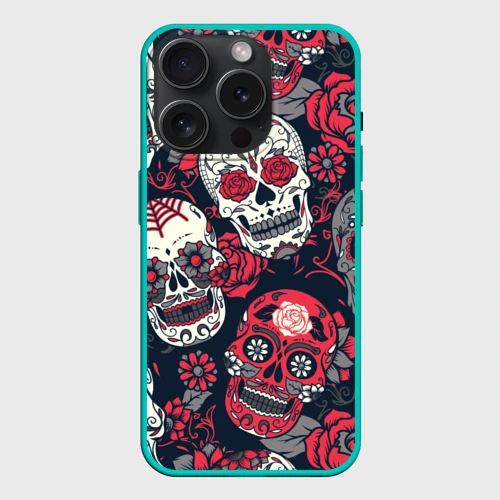 Чехол силиконовый для Apple iPhone 15 Pro матовый Мексиканские черепа в день мертвых