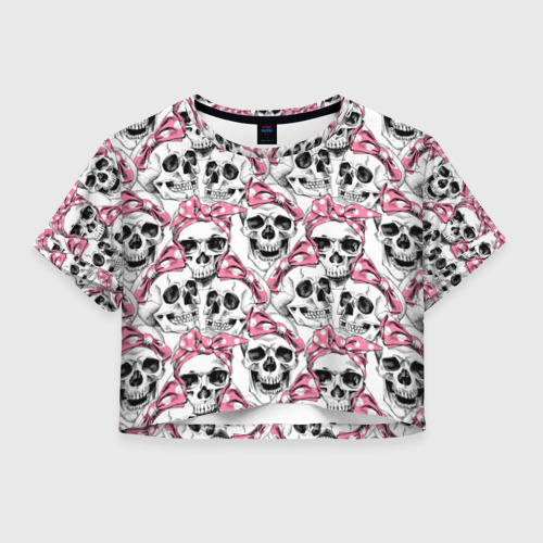Женская футболка Crop-top 3D Черепа в розовых платках, цвет 3D печать