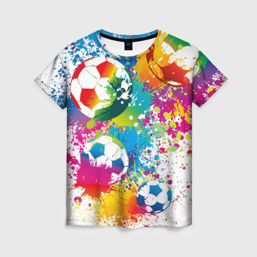 Женская футболка 3D Футбольные мячи - красочные брызги, цвет 3D печать