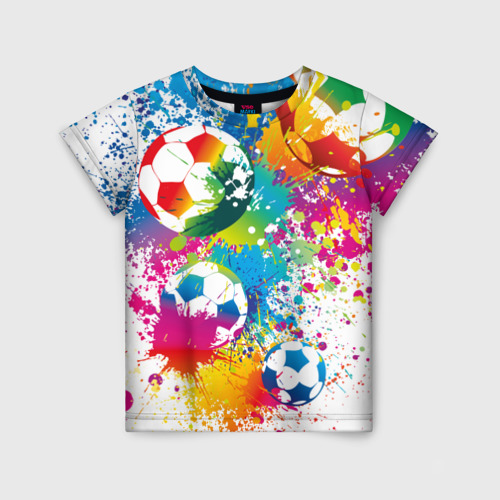 Детская футболка с принтом Футбольные мячи, вид спереди №1