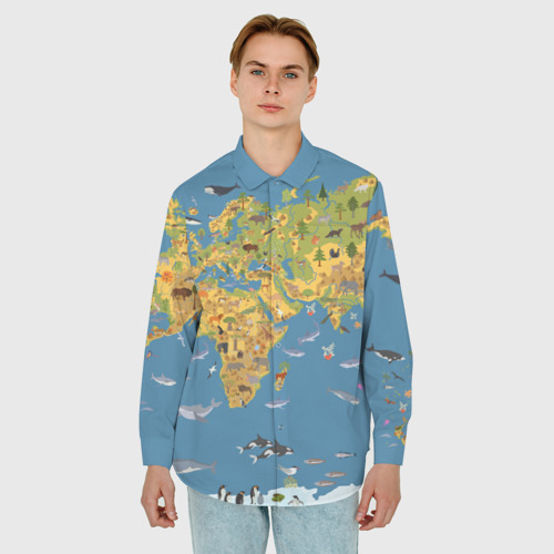 Мужская рубашка oversize 3D с принтом Карта мира детская, фото на моделе #1