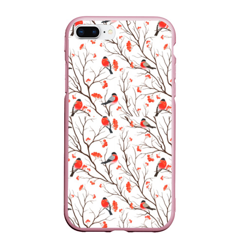 Чехол для iPhone 7Plus/8 Plus матовый Снегири в зимнем лесу, цвет розовый