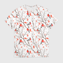 Мужская футболка 3D Снегири в зимнем лесу