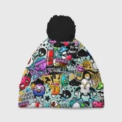 Шапка 3D c помпоном Яркий стикерпак граффити