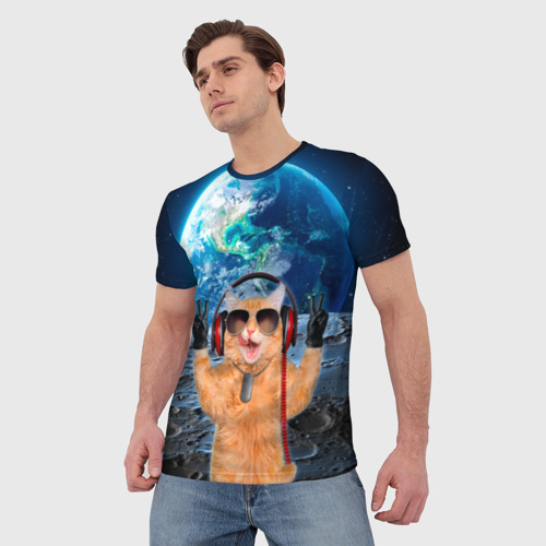 Мужская футболка 3D с принтом Кот на луне, фото на моделе #1