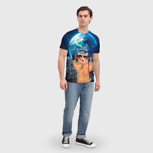 Мужская футболка 3D с принтом Кот на луне, вид сбоку #3