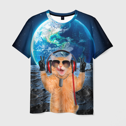 Мужская футболка 3D с принтом Кот на луне, вид спереди #2