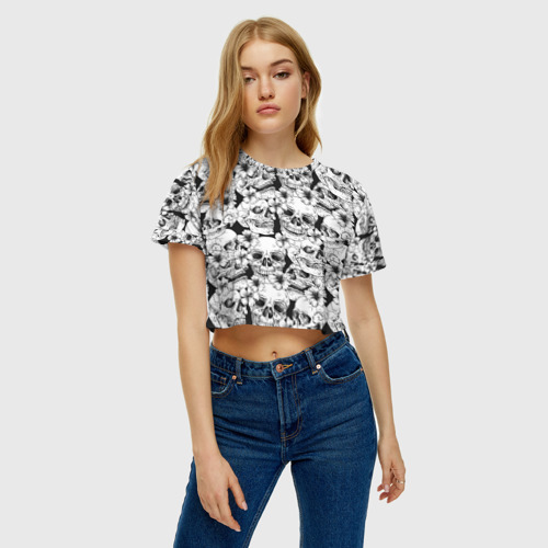 Женская футболка Crop-top 3D Черепа в цветах, цвет 3D печать - фото 3