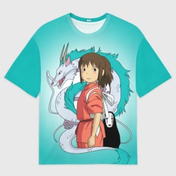 Женская футболка oversize 3D Тихиро и Хаку зеленый фон