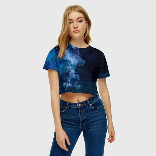 Женская футболка Crop-top 3D Синий космос, цвет 3D печать - фото 4