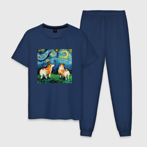 Мужская пижама хлопок Корги Ван Гога, цвет темно-синий