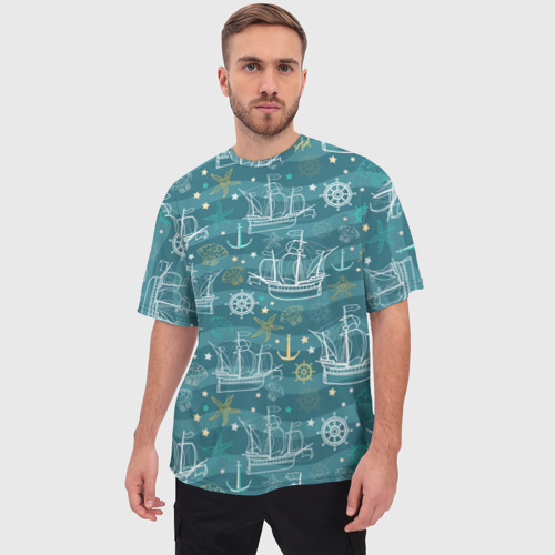Мужская футболка oversize 3D Парусники в море - паттерн, цвет 3D печать - фото 3