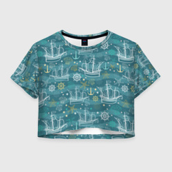 Женская футболка Crop-top 3D Парусники в море - паттерн