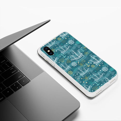 Чехол для iPhone XS Max матовый Парусники в море - паттерн, цвет белый - фото 5