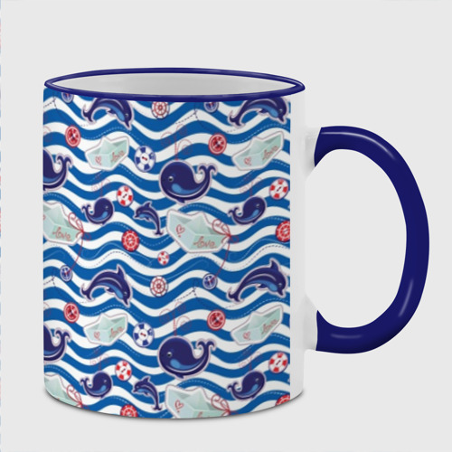 Кружка с полной запечаткой Киты и дельфины - паттерн, цвет Кант синий