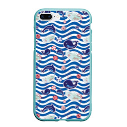 Чехол для iPhone 7Plus/8 Plus матовый Киты и дельфины - паттерн