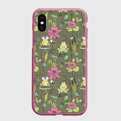 Чехол для iPhone XS Max матовый Лягушки на речке и розовые лилии