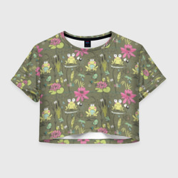 Женская футболка Crop-top 3D Лягушки на речке и розовые лилии