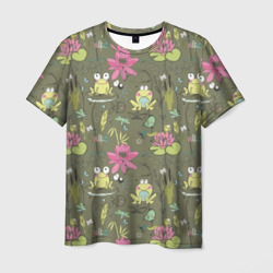 Мужская футболка 3D Лягушки на речке и розовые лилии