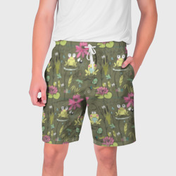 Мужские шорты 3D Лягушки на речке и розовые лилии