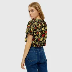 Женская футболка Crop-top 3D Хохлома золотые лебеди - фото 4