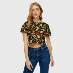 Женская футболка Crop-top 3D Хохлома золотые лебеди - фото 3