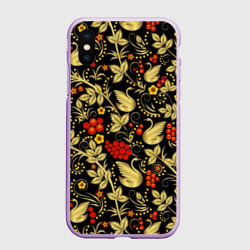 Чехол для iPhone XS Max матовый Хохлома золотые лебеди