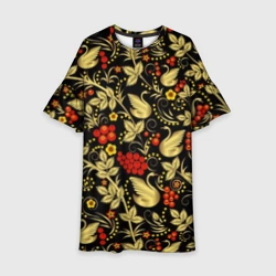 Детское платье 3D Хохлома золотые лебеди