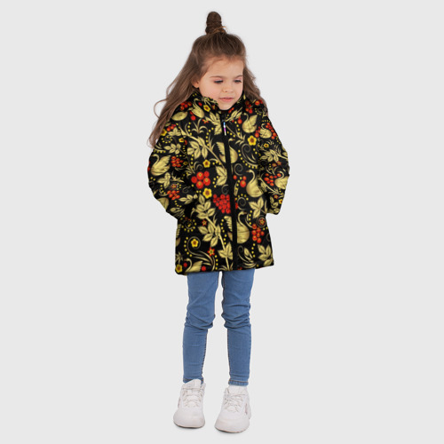Зимняя куртка для девочек 3D Хохлома золотые лебеди, цвет красный - фото 5