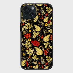 Чехол силиконовый для Apple iPhone 15 матовый Хохлома золотые лебеди