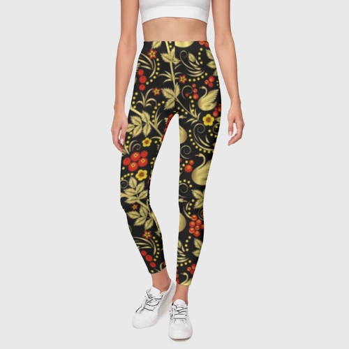 Леггинсы 3D Хохлома золотые лебеди - фото 3