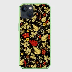 Чехол для iPhone 14 Хохлома золотые лебеди