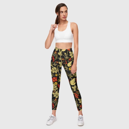 Леггинсы 3D Хохлома золотые лебеди - фото 5