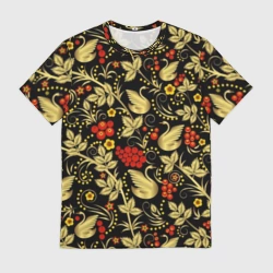 Мужская футболка 3D Хохлома золотые лебеди