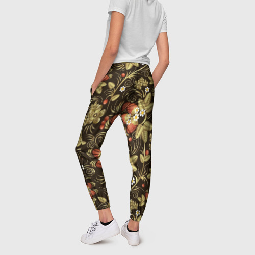 Женские брюки 3D с принтом Хохлома роспись клубника, вид сзади #2