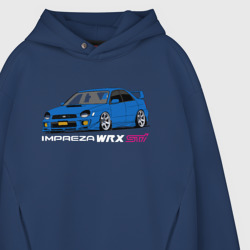Худи с принтом Subaru Impreza WRX STI GD для мужчины, вид на модели спереди №3. Цвет основы: темно-синий