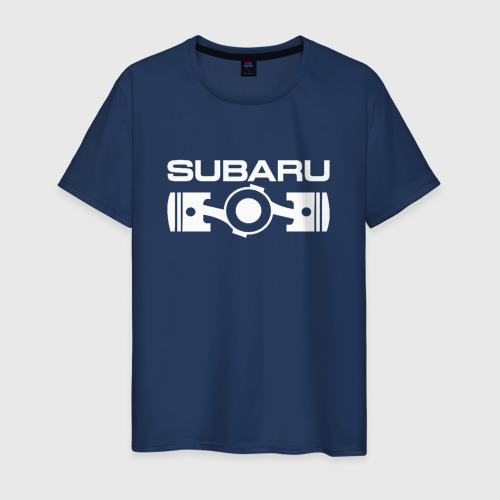 Мужская футболка из хлопка с принтом Subaru оппозитный двигатель, вид спереди №1