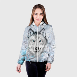 Куртка с принтом Волк для женщины, вид на модели спереди №2. Цвет основы: белый