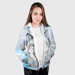 Куртка с принтом Волк для женщины, вид на модели спереди №3. Цвет основы: белый