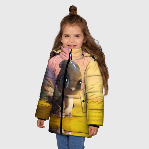 Зимняя куртка для девочек 3D с принтом Дракончик на берегу озера, фото на моделе #1