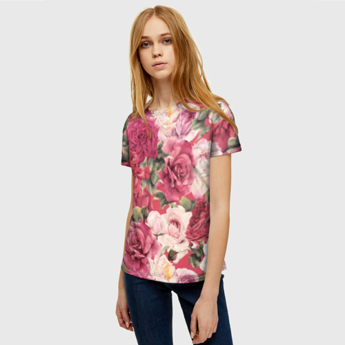 Женская футболка 3D Акварель, розы, цвет 3D печать - фото 3