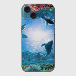 Чехол для iPhone 15 силиконовый с защитой камеры Дельфины