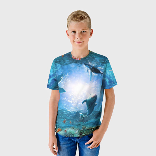 Детская футболка 3D с принтом Дельфины, фото на моделе #1